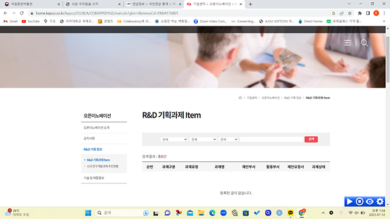 한국전력공사 누리집의 'R&D 기획과제 Item'을 '연구개발 기획과제 항목'으로 바꿔주세요.